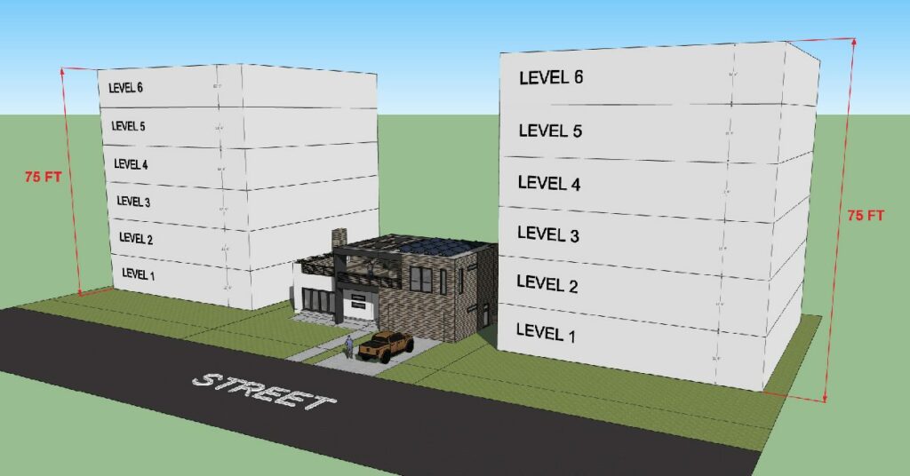 rendering of house between two 6 story buildings